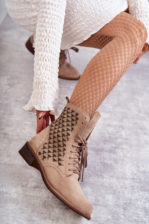 Sznurowane Zamszowe Botki Nicole 2751 Beżowe