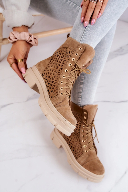 Zamszowe Ażurowe Botki Camel Aileen