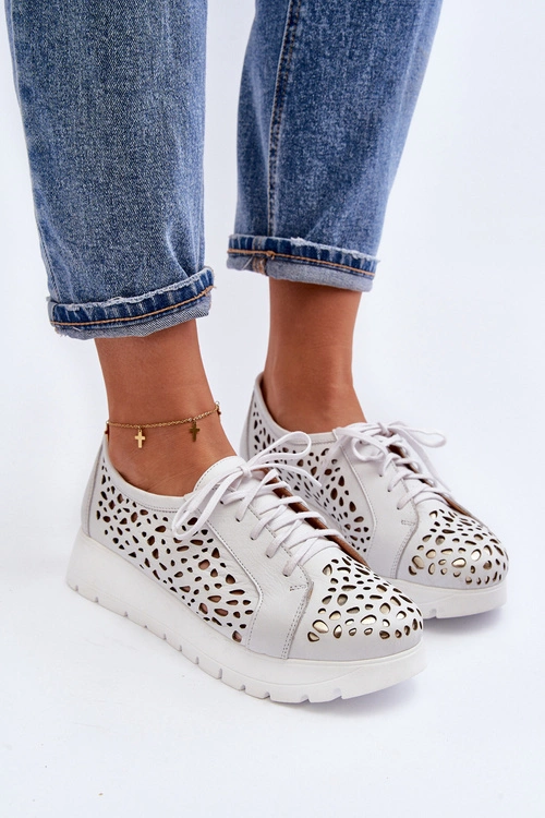 Zazoo 2821 Skórzane Półbuty Damskie Ażurowe Jasnoszare