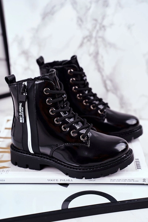 Dziecięce Botki Ocieplane z Suwakiem Lakierowane Czarne Falkon