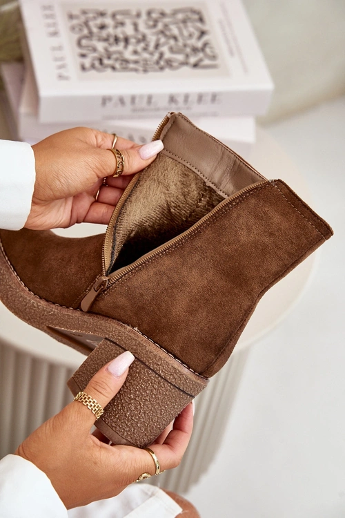 Botki Damskie Na Słupku Ocieplane Eko Zamszowe Brązowe Arkesia