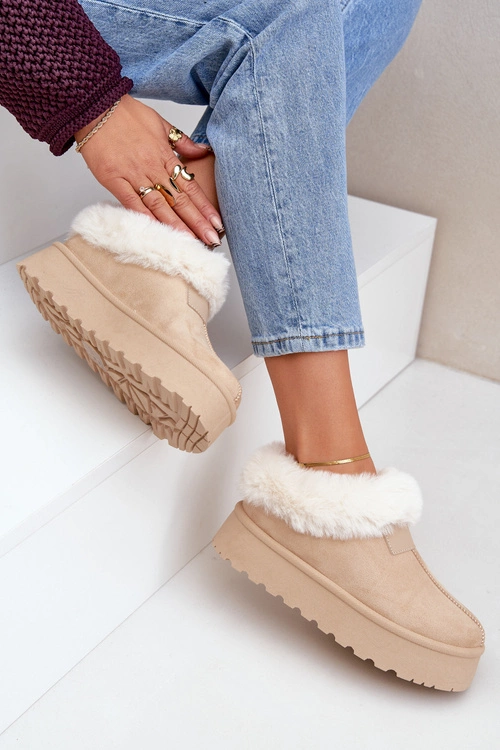 Śniegowce Z Niską Cholewką Z Futerkiem Na Platformie Eko Zamszowe Jasnobeżowe Neathoria