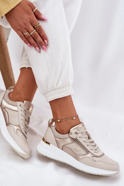 Skórzane Buty Sportowe Sneakersy Damskie Z Zamkiem Beżowe Lilimia