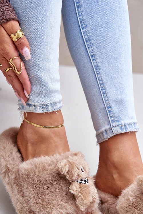 Futrzane Kapcie Damskie Z Misiem Beżowe Romania