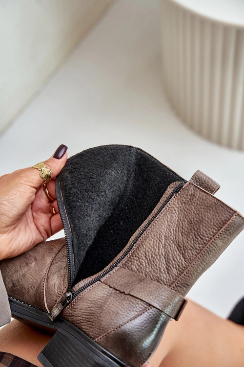 Zazoo 60480 Skórzane Botki Na Niskim Obcasie Ocieplane Brązowo-Szare