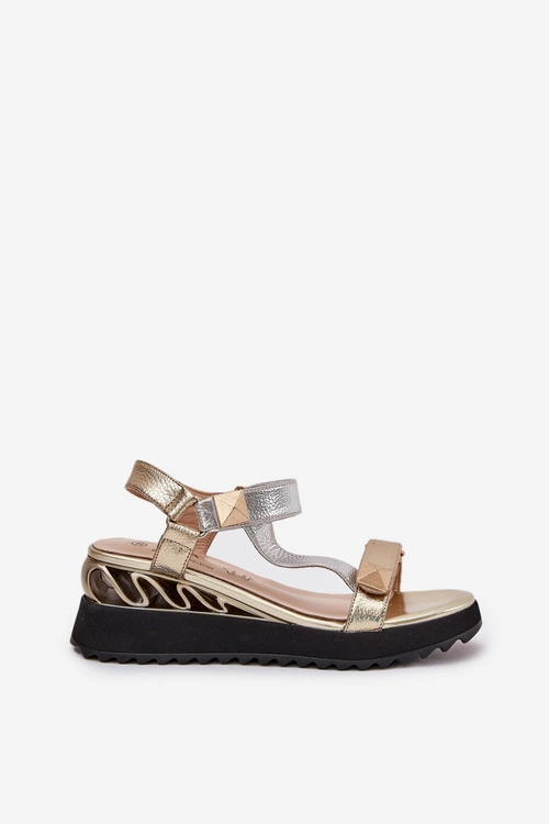 Skórzane Sandały Damskie Na Koturnie D&A CR51-135 Złoto-Srebrne