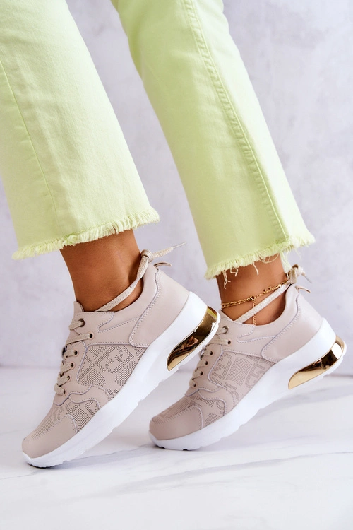 Skórzane Damskie Sneakersy Na Koturnie Beżowe Phiness