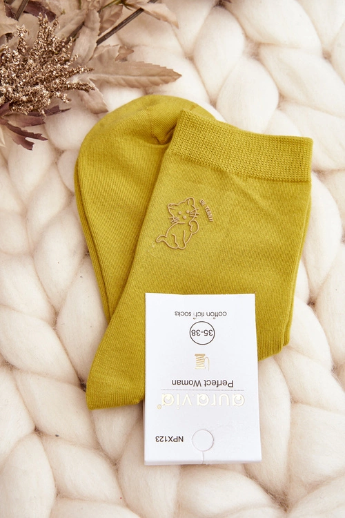 Damskie Gładkie Skarpety Z Kotkiem Żółte