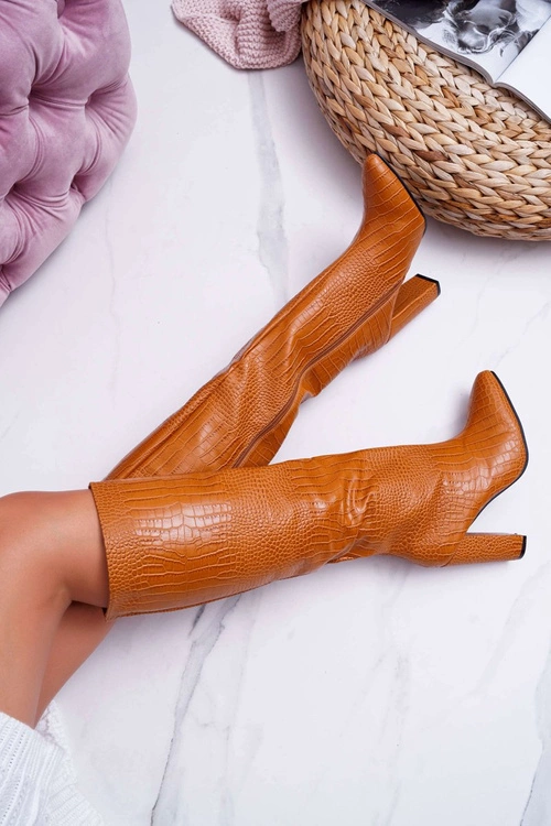 Kozaki Damskie Na Słupku Skóra Węża Camel Aduan