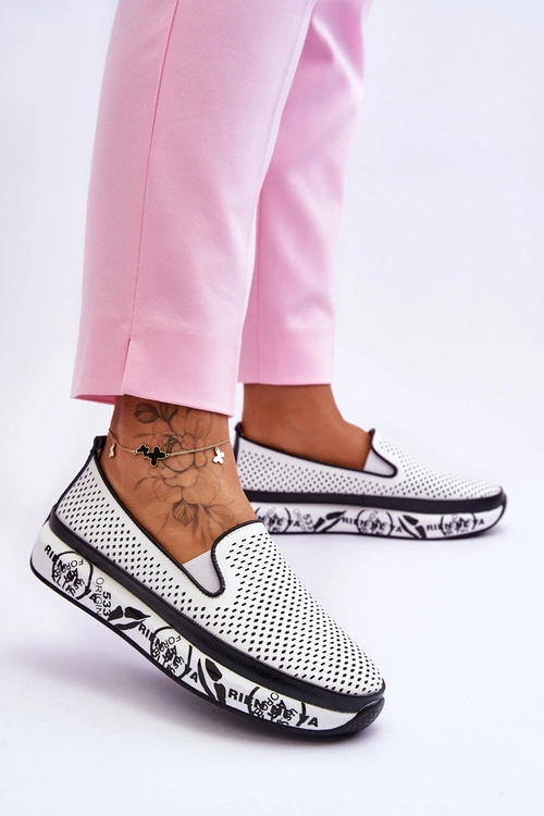 Damskie Ażurowe Skórzane Tenisówki Slip-On Białe Sorito
