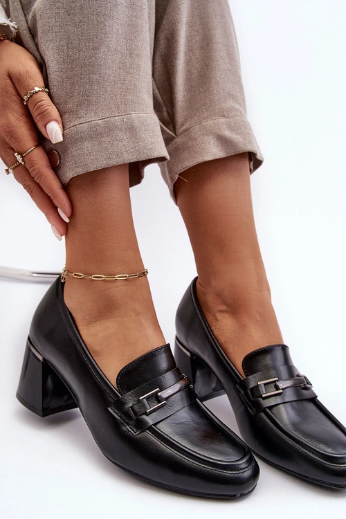 Skórzane Czółenka Na Słupku Czarne Idona