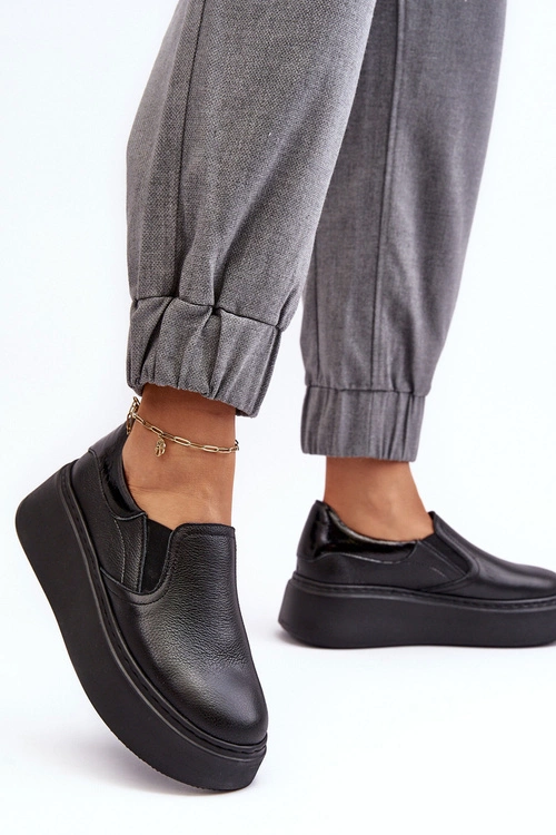 Skórzane Buty Sportowe Damskie na Platformie Czarne Lemar Manish