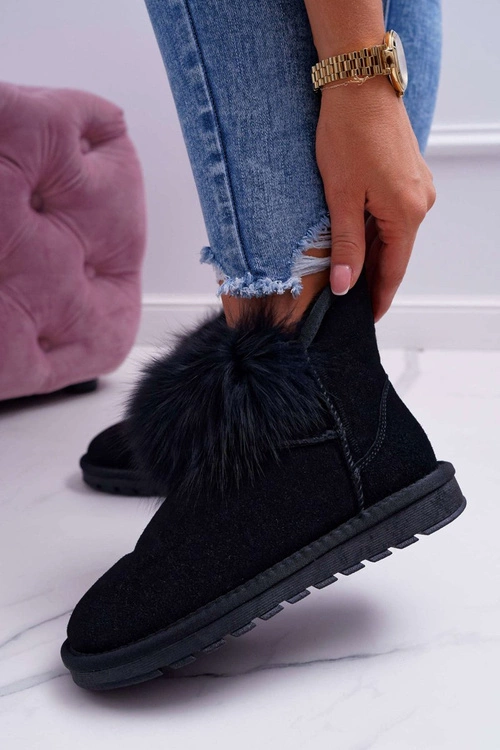 Damskie Botki Śniegowce Ocieplane Futerkiem Skóra Zamsz Czarne Memento