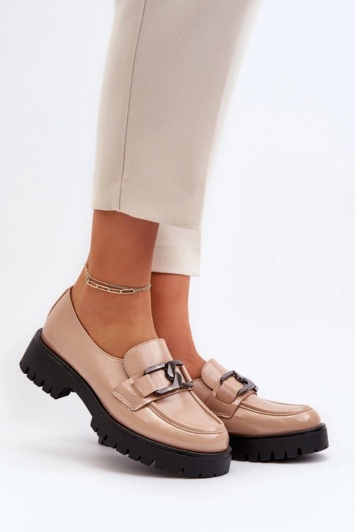 Lakierowane Mokasyny Damskie Beżowe Santtes