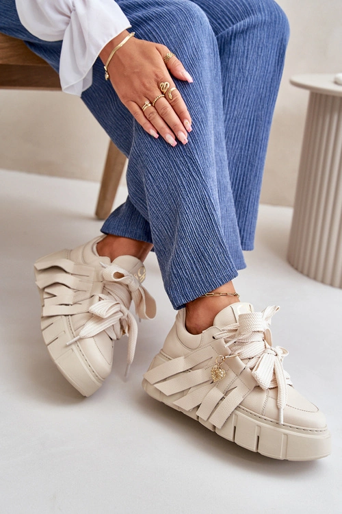 Sneakersy Skórzane Damskie Na Platformie Beżowe CheBello 4568