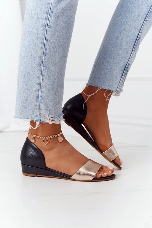 Skórzane Sandały Maciejka 1971-46 Czarno-Złote