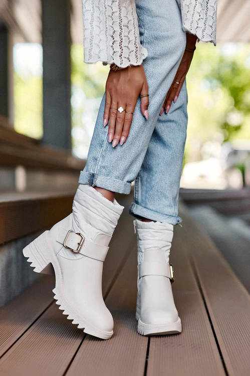 Ocieplane Skórzane Botki Z Klamrą Beżowe Osonia