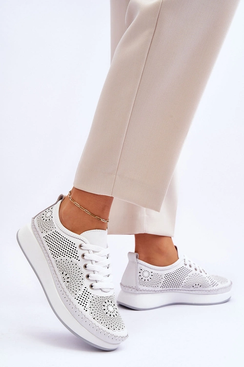 Damskie Skórzane Ażurowe Buty Sportowe Białe Marea