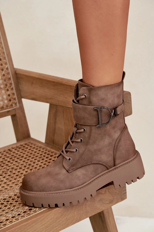 Botki Workery Damskie Z Ocieplane Z Ozdobnym Paskiem Ciemnobeżowe Ulivine