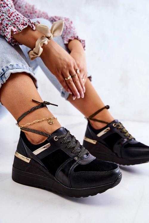 Damskie Zamszowe Buty Sportowe Na Koturnie Czarne Larson