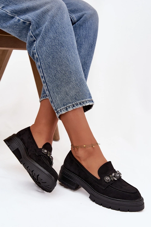 Mokasyny Damskie Z Kryształkami Eko Zamszowe Czarne Lavisse