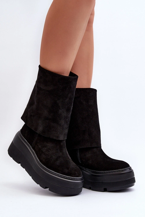 Zazoo 3410 Zamszowe Damskie Botki Na Masywnej Platformie Czarne