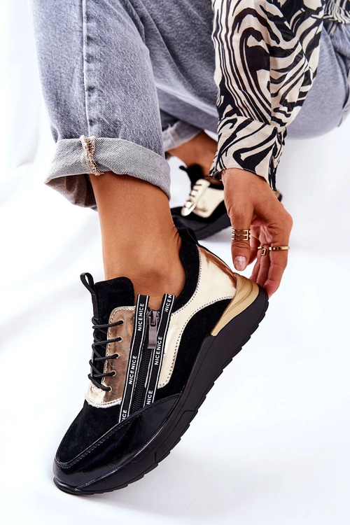 Skórzane Sportowe Buty Sneakersy Czarno Złote Minor