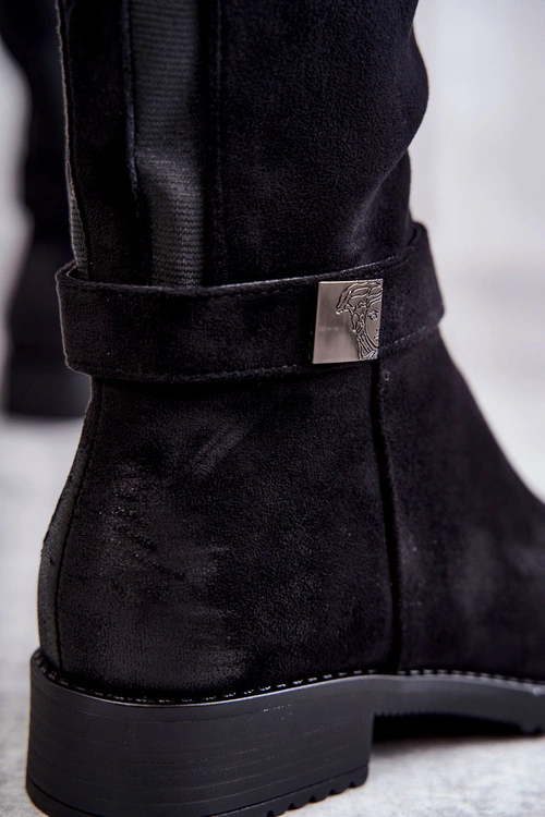 Zamszowe Damskie Kozaki Na Płaskim Obcasie Czarne Henrike