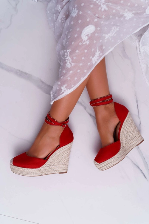 Sandały Damskie Na Koturnie Lniane Czerwone Canterola