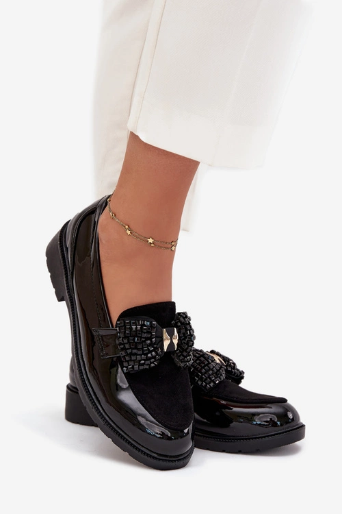 Lakierowane Mokasyny Damskie Z Kokardką S.Barski HY51-319 Czarne