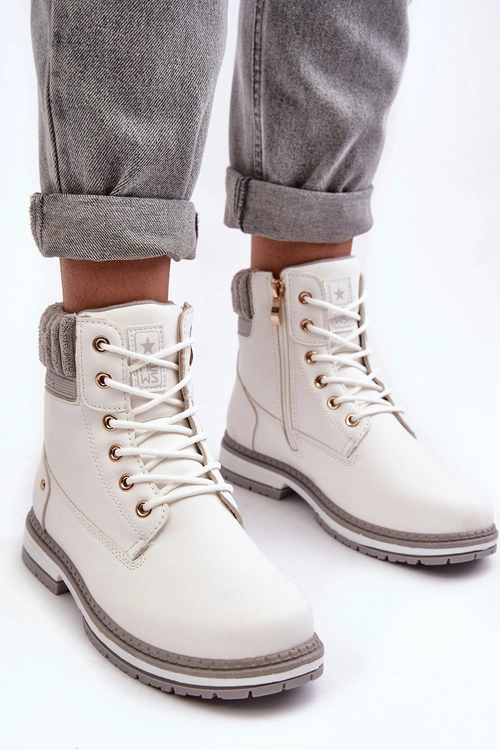 Damskie Skórzane Trapery Ocieplane Białe Katalis