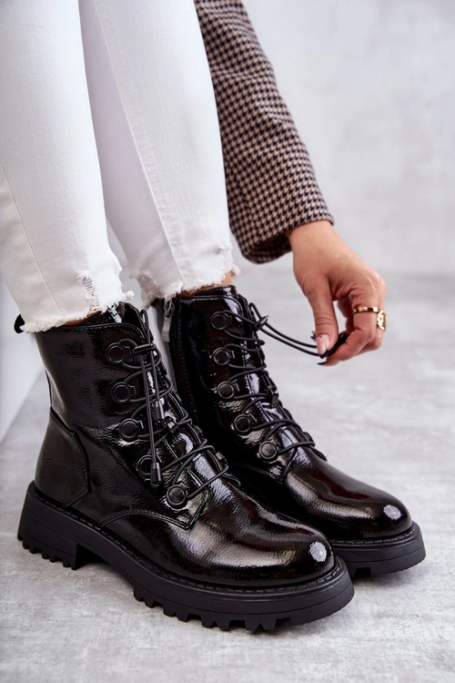 Damskie Lakierowane Ocieplane Botki Ze Ściągaczem Czarne Helia