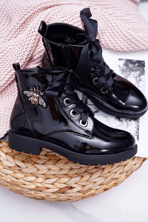 Botki Damskie Płaski Obcas Glany Lakierowane Czarne Sergio Leone BT530