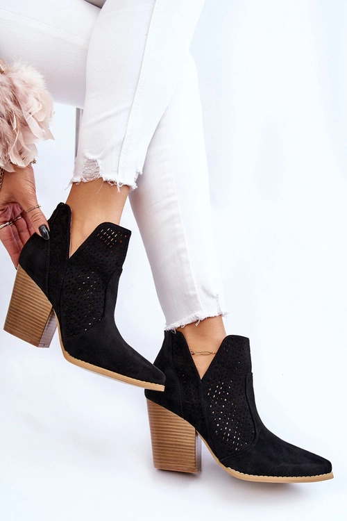Botki Damskie Na Słupku Zamszowe Ażurowe Czarne Shades