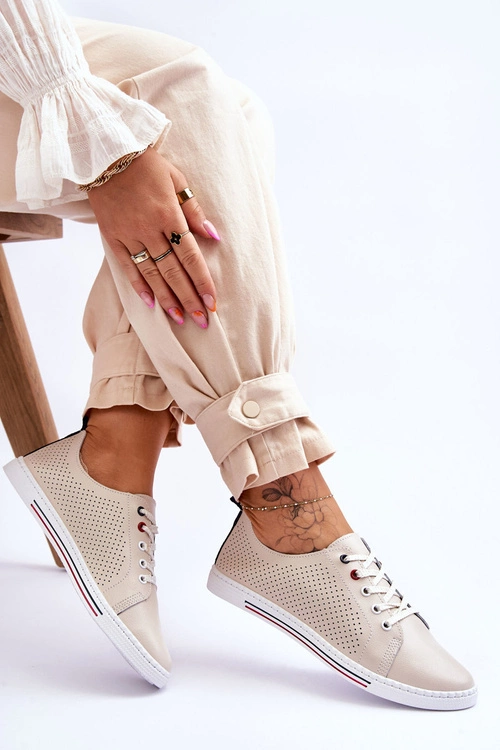 Damskie Ażurowe Skórzane Trampki Beżowe S.Barski LR952