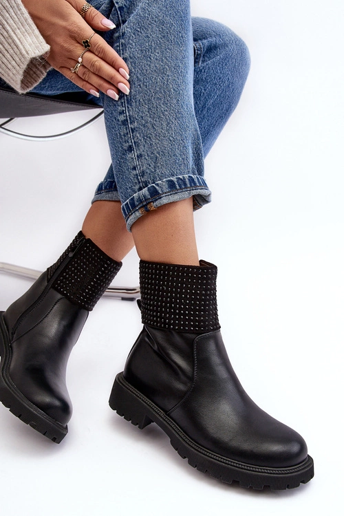 Damskie Botki Na Płaskim Obcasie Ze Zdobieniem Czarne Zanidite