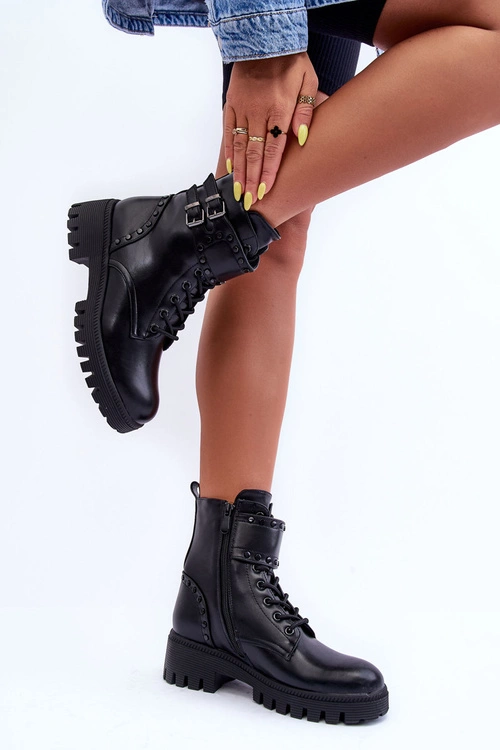 Skórzane Zdobione Botki Workery Czarne Carshena