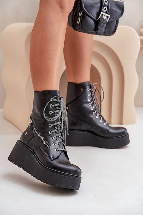 Skórzane Botki Workery Na Platformie I Koturnie Maciejka 06676-01 Czarne