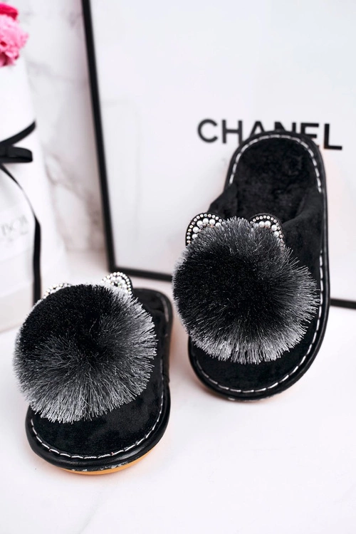 Dziecięce Klapki Papcie Z Pomponem Czarne Cinderella