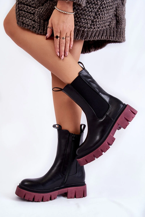 Damskie Botki Workery Na Platformie Czarno-Bordowe Aliana