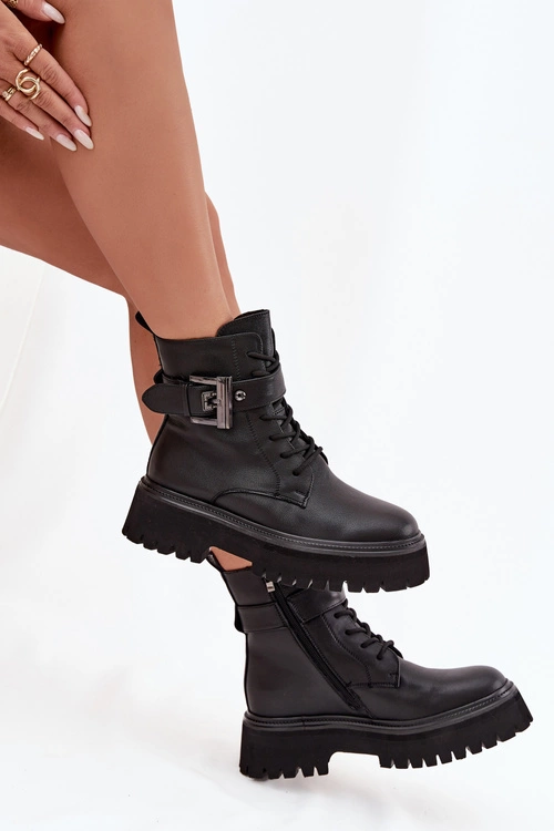 Skórzane Botki Workery Damskie Ocieplane Z Ozdobną Klamrą D&A MK52-032 Czarne