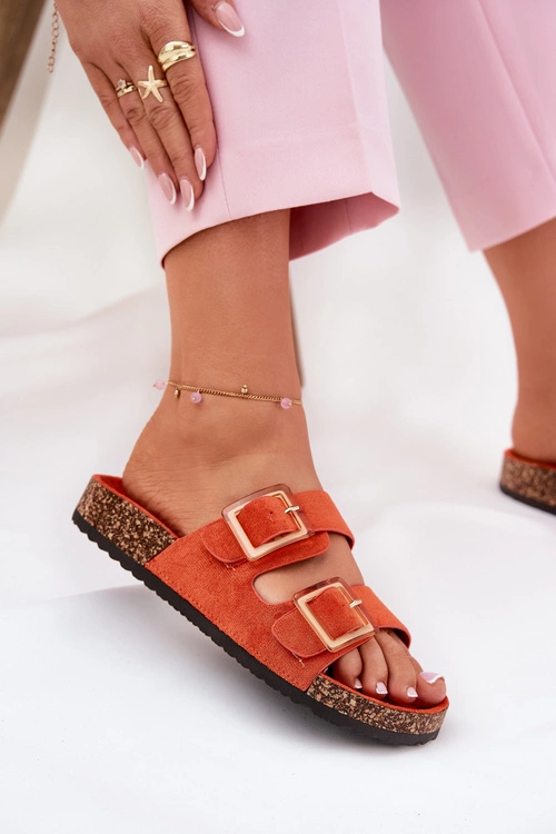 Klapki Damskie Z Klamrami Na Korkowej Podeszwie Pomarańczowe Sercele
