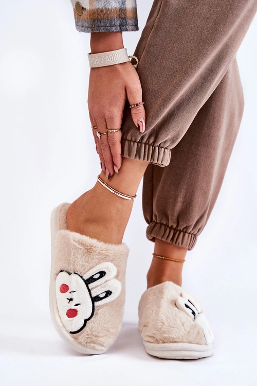 Damskie Futrzane Papcie Z Królikiem Beżowe Trisha