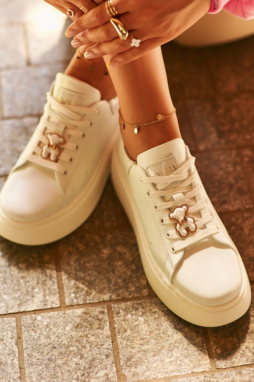 Damskie Skórzane Sneakersy Na Platformie Z Misiem Białe Vinceza 66641