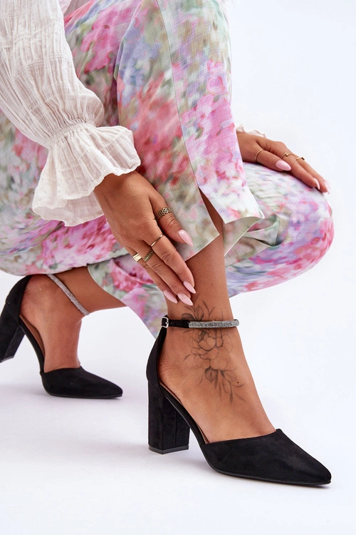 Zamszowe Czółenka Z Cyrkoniami Czarne Diamond