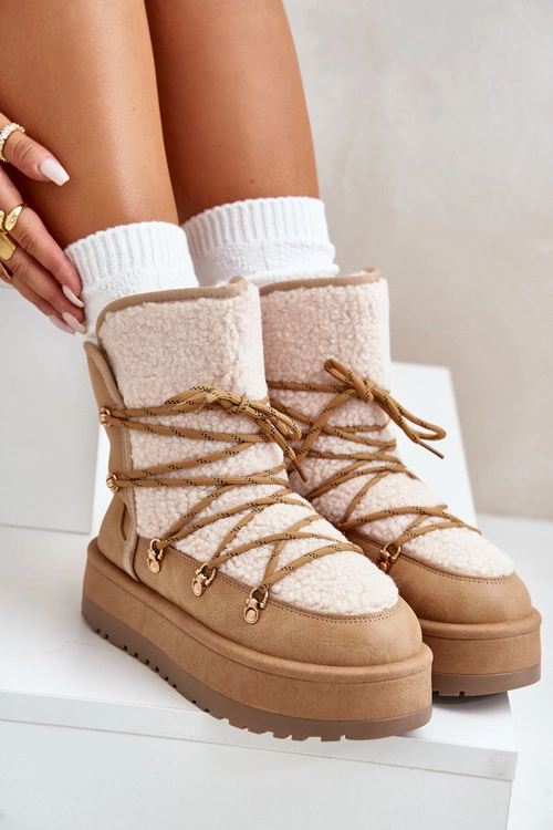 Śniegowce Damskie Na Platformie Z Wiązaniem Jasnobrązowe Riaviana