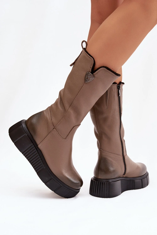 Zazoo 70121 Skórzane Damskie Kozaki Z Wełną Ciemnobeżowe