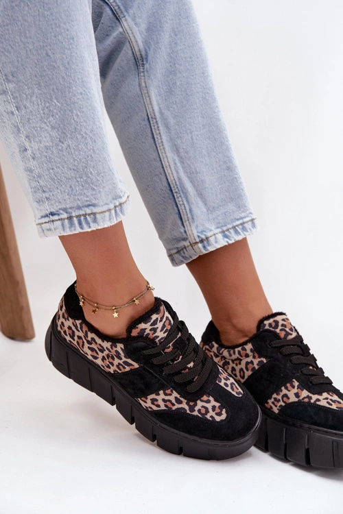 Zamszowe Ocieplane Sneakersy Damskie Na Masywnej Platformie Vinceza 66841 Panterka Czarne