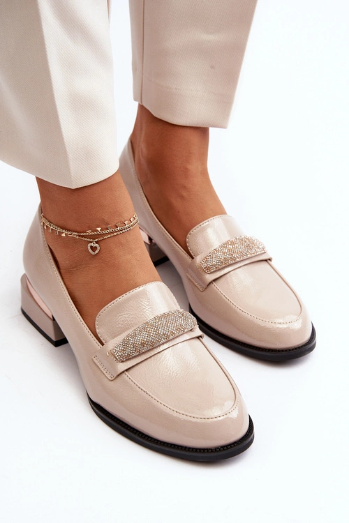 Damskie Półbuty Lakierowane Na Niskim Obcasie Beżowe Marilni