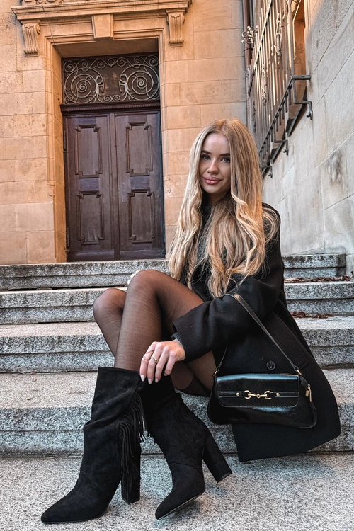 Botki Damskie Na Słupku Z Frędzlami I Marszczeniem Ocieplane Czarne Darlina